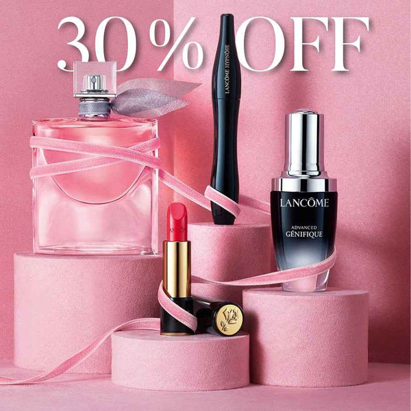 Cosmetic products including a perfume bottle, mascara, and lipstick on pink stands with '30% OFF' text.