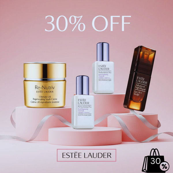 Estée Lauder skincare products with promotional text on a pink background