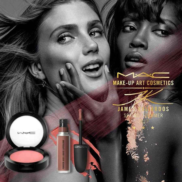 MAC Make-Up Art Cosmetics advertisement with two models and makeup products.