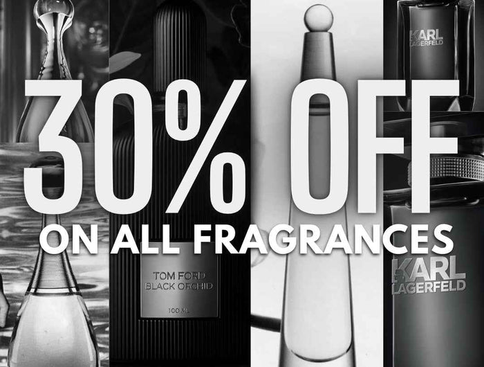 Promotional image of various perfumes with '30% off on all fragrances' text.