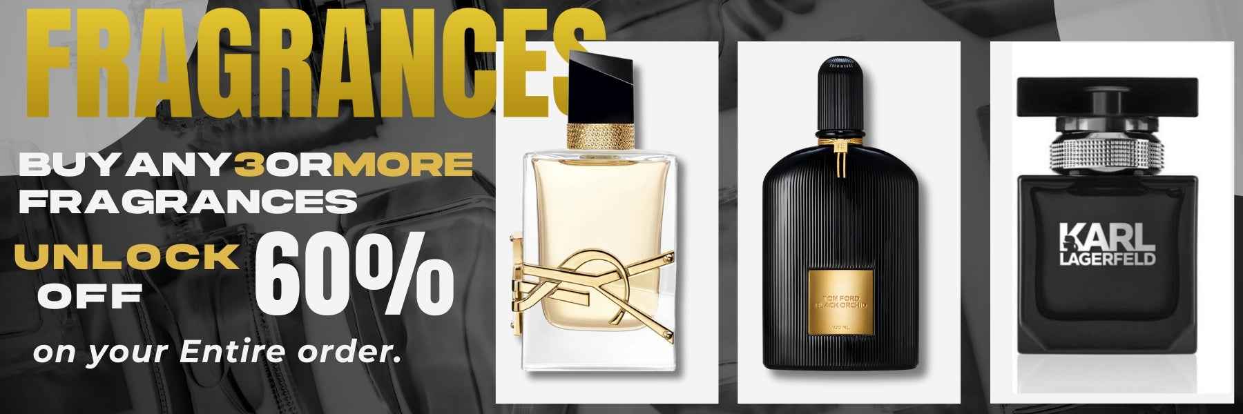 Promotional banner for fragrances with three perfume bottles displayed.