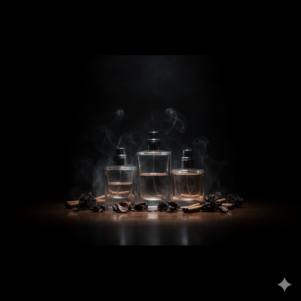 Three glass perfume bottles with smoke on a dark background