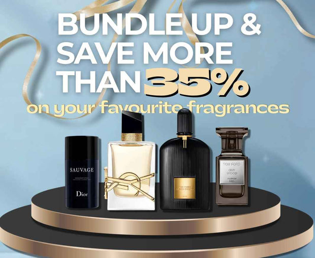 perfume bundle sale with four bottles on a platform against a blue background.