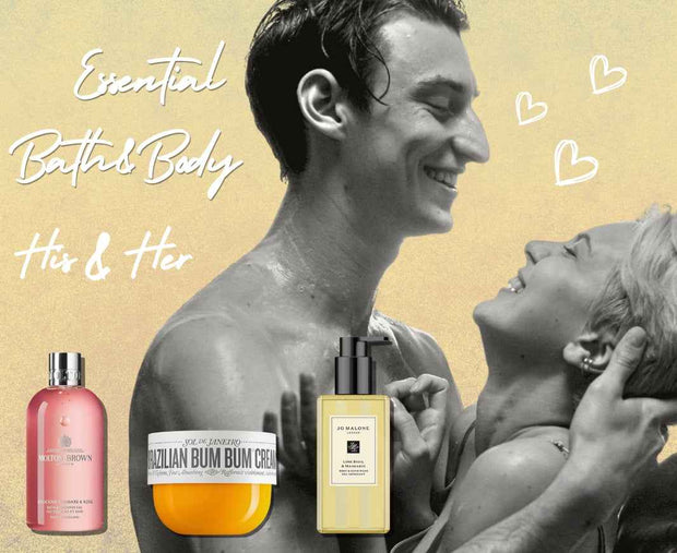 'Essential Bath & Body His & Her' with a couple embracing and products displayed.