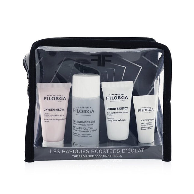 The Radiance Boosting Heroes Set: Oxygen Glow Cream 15ml + Micellar Solution 50ml + Scrub & Detox 15ml + Pore-extress Primer 7ml - 4pcs Filorga